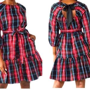 NWT Draper James Plaid Tiered Bow Back Dress Size 1X Red & Blue $78